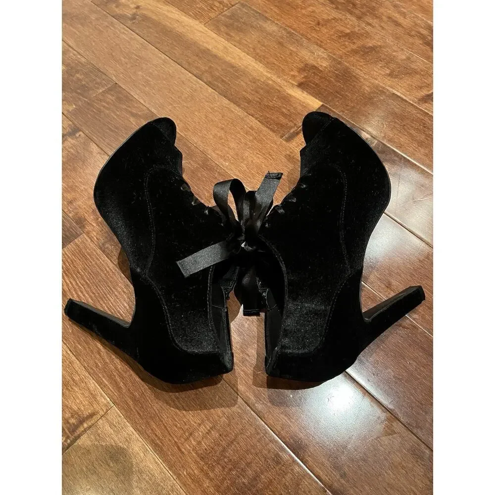 Kelly and Katie Black Open Toed Velvet Heeled Ankle Boot Sz 10 Bow tie Stiletto